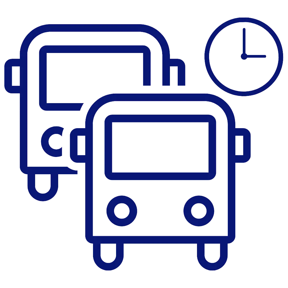 a blue line drawing of a couple of buses and a clock