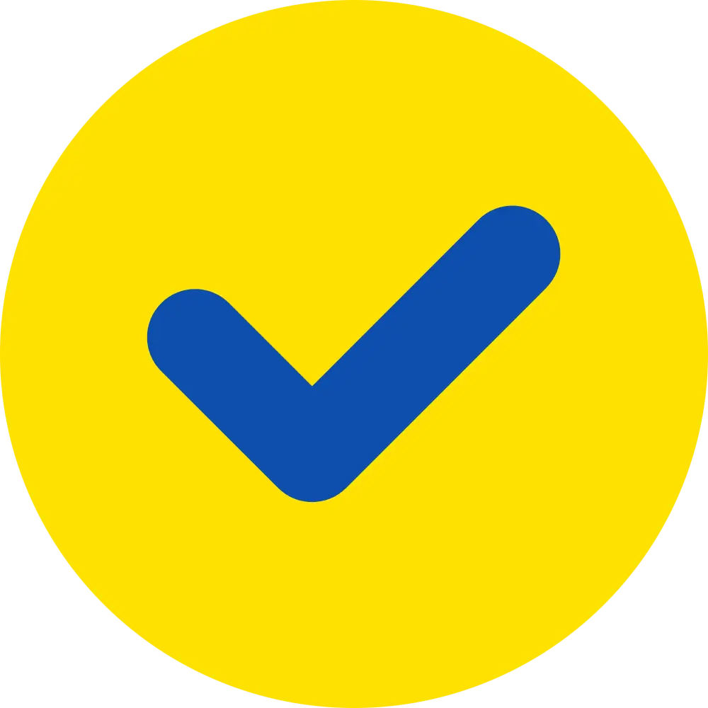 a blue tick in a yellow circle