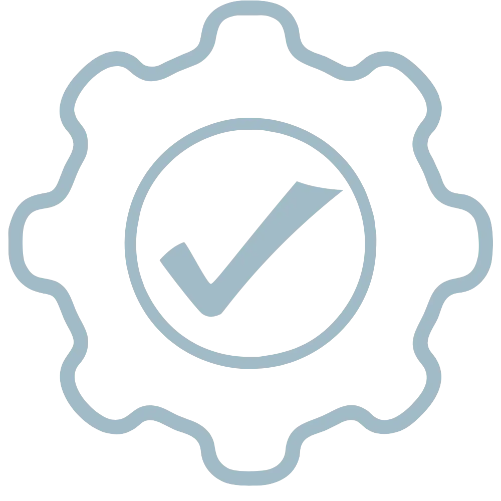 a blue and white gear with a check mark inside