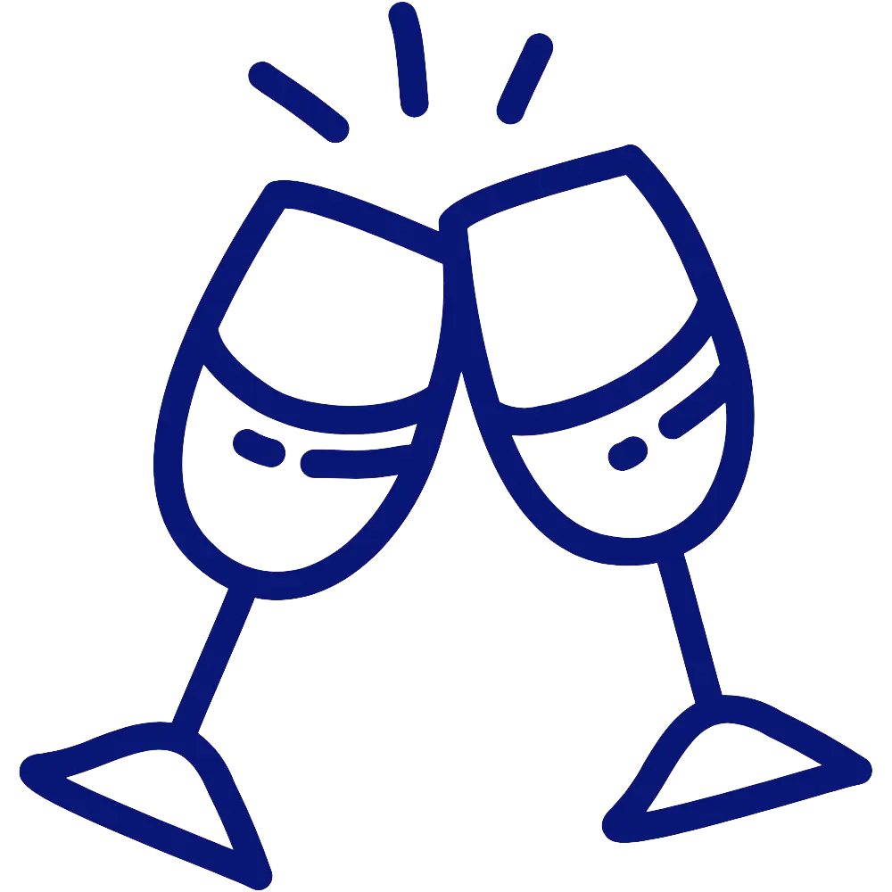 a blue line drawing of two wine glasses clinking