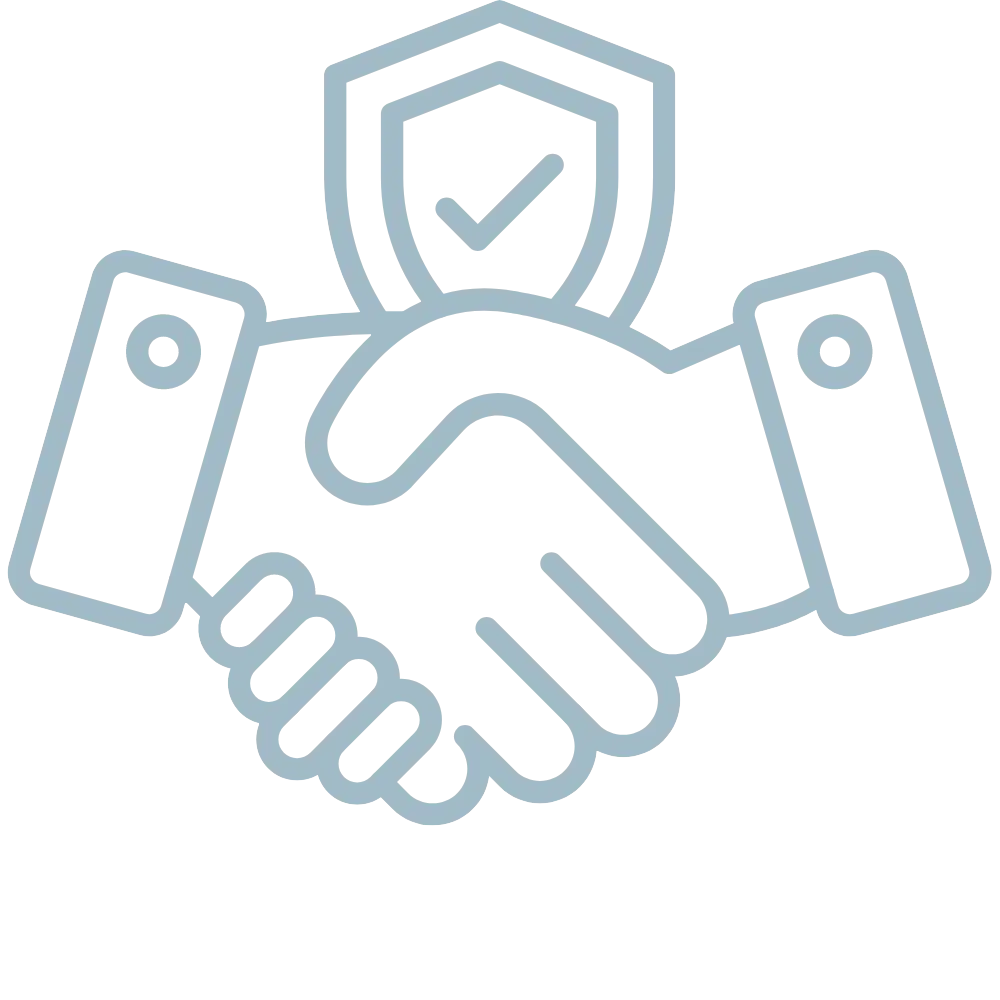 a handshake with a shield and check mark