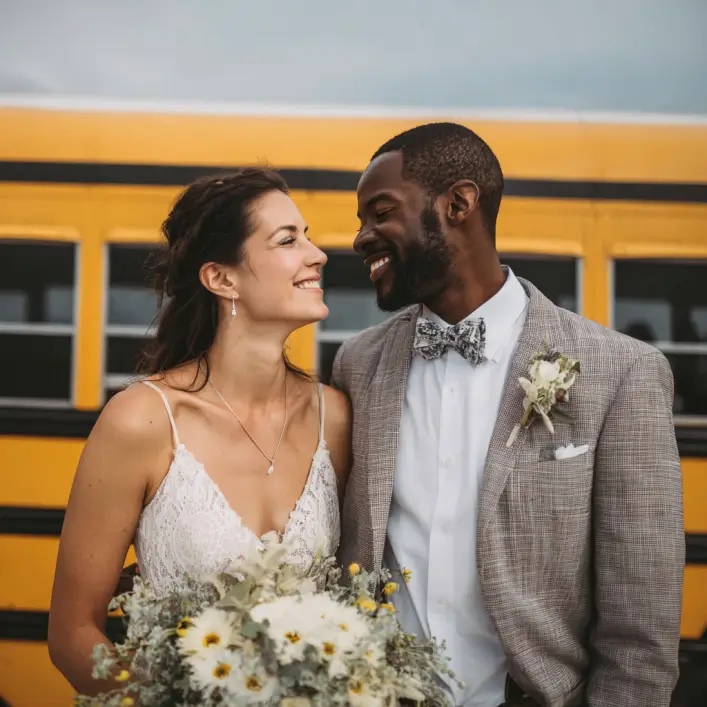 a newly wed couple in front of a school bus